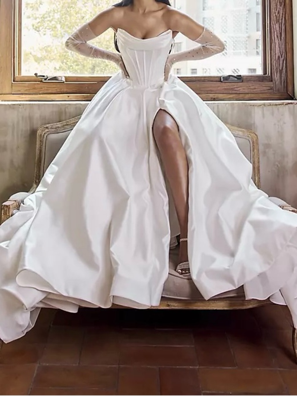 Elegant White Strapless Ball Gown Dress with High Slit